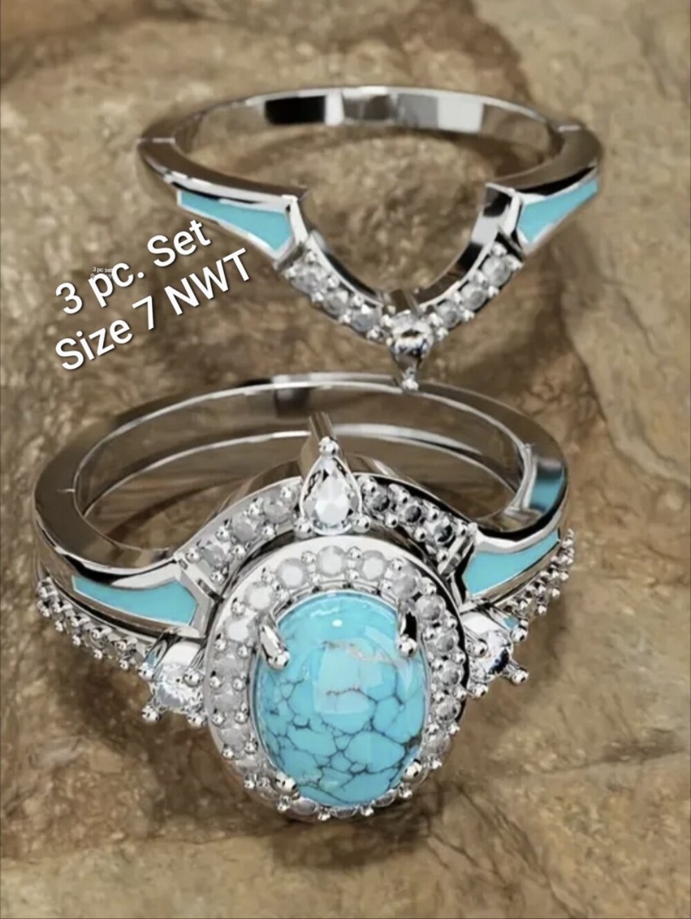 Size 7 (3) Pc. Stacking Ring Set Turquoise & Rhinestone Boho Style Fashion